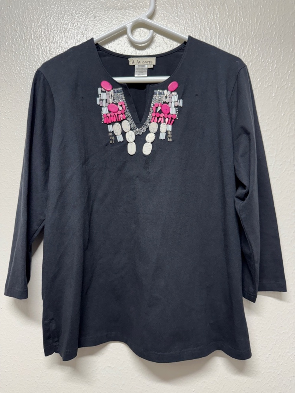 A la Carte Black Embellished Jewel Neck Top